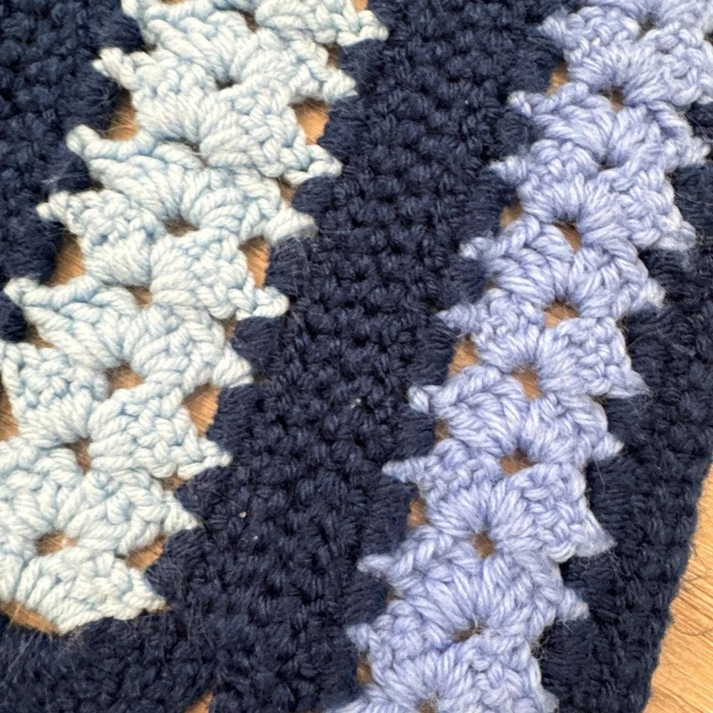VTG Afghan Grandma Made‎ Crochet Throw Blanket Blues Scalloped Edge Striped